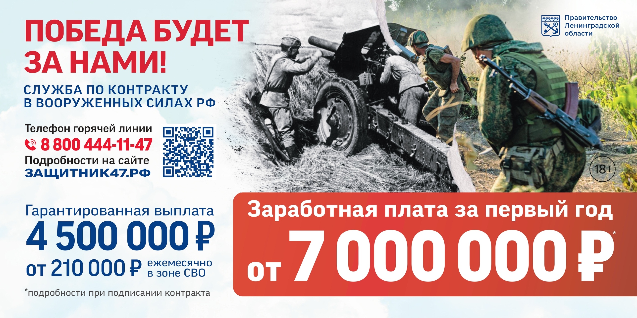 Служба по контракту – выбор сильных! Гарантированная выплата гражданам, заключившим контракт в Ленинградской области для участия в СВО, увеличена до 4,5 млн рублей: ⚪ 3 150 000 ₽ — региональная выплата ⚪ 400 000 ₽ — федеральная выплата ⚪ 450 000 ₽ — регио.